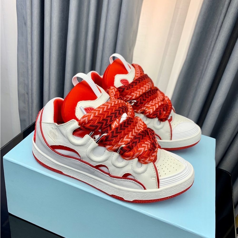Lanvin Red and White Braided-Lace Women's Sneakers - Picture 3 of 9